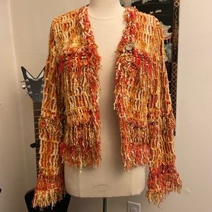 Vintage 90s Sandy Starkman Orange Fringe Cardigan with Wooden Beads. Size M.